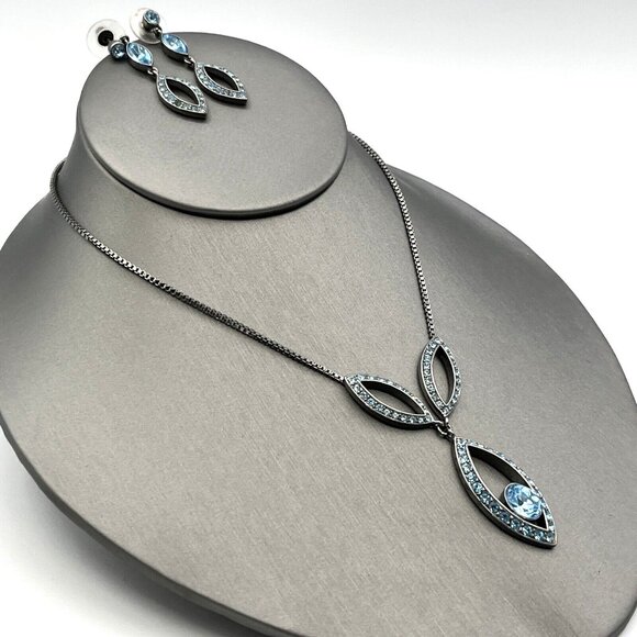GIVENCHY Blue Rhinestone Necklace and Pierced Dangle Earrings Set Gunmetal 17" - Picture 6 of 9